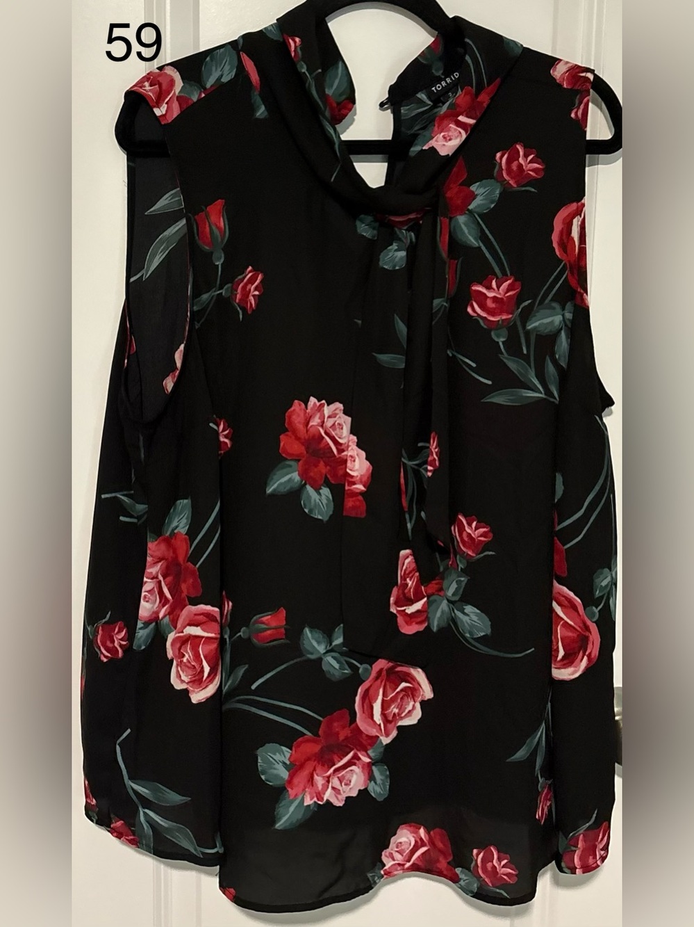 torrid Black Sleeveless Tie-Neck Blouse with Red Rose Print